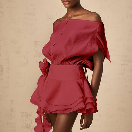 Giorgia Red Floral Appliqué Off-Shoulder Mini Dress with Cinched Waist and Ribbon Accents
