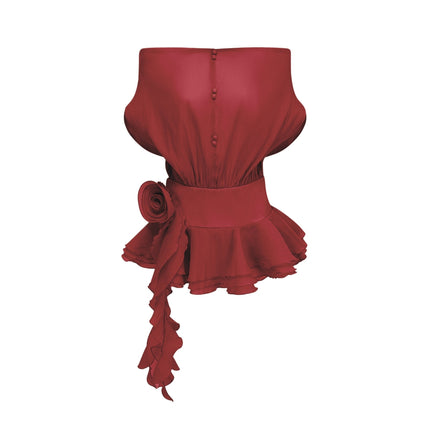 Giorgia Red Floral Appliqué Off-Shoulder Mini Dress with Cinched Waist and Pleated Detailing