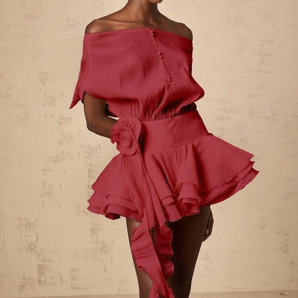 Giorgia Red Floral Appliqué Off-Shoulder Mini Dress with Ribbon Accents and Flounce Hem