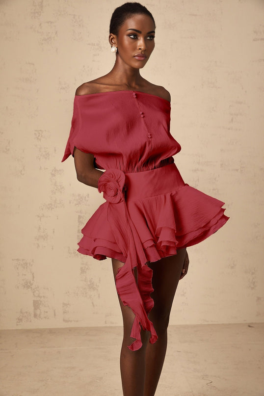 Giorgia Red Floral Appliqué Off-Shoulder Mini Dress with Ribbon Accents and Flounce Hem