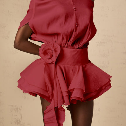 Giorgia Red Floral Appliqué Off-Shoulder Mini Dress with Cinched Waist and Ribbon Accents