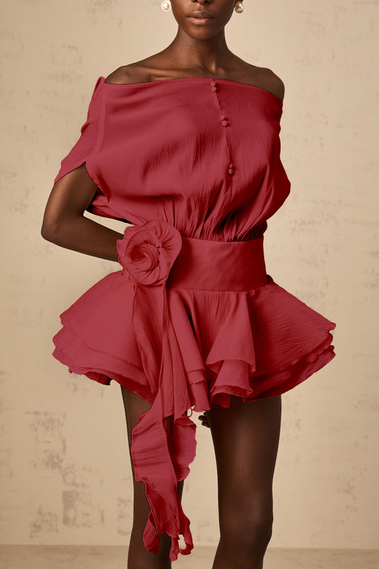 Giorgia Red Floral Appliqué Off-Shoulder Mini Dress with Cinched Waist and Ribbon Accents