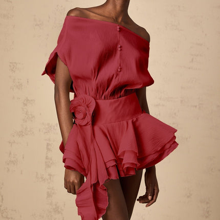 Giorgia Red Floral Appliqué Off-Shoulder Mini Dress with Cinched Waist and Pleated Detailing