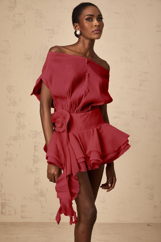 Giorgia Red Floral Appliqué Off-Shoulder Mini Dress with Cinched Waist and Pleated Detailing