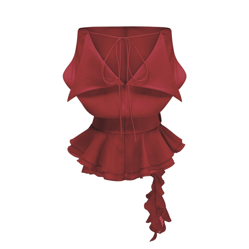 Giorgia Red Floral Appliqué Off-Shoulder Mini Dress with Cinched Waist and Pleated Detailing