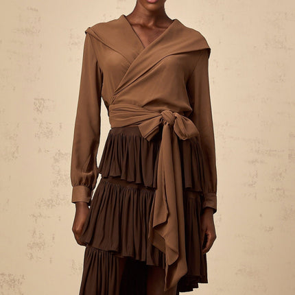 Giovanna Brown Chiffon Wrap Top V-Neck Long Sleeve