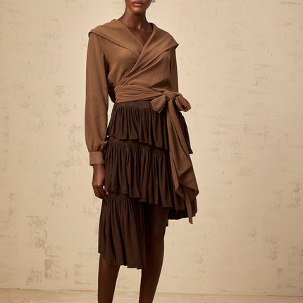 Giovanna Brown Chiffon Wrap Top V-Neck Long Sleeve Cropped