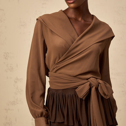 Giovanna Brown Chiffon Wrap Top V-Neck Long Sleeve Coffee