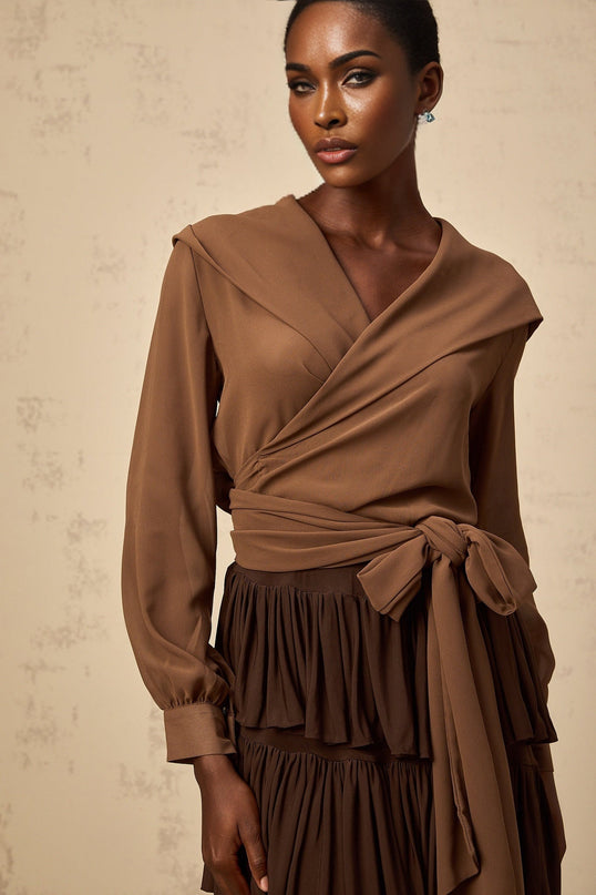 Giovanna Brown Chiffon Wrap Top V-Neck Long Sleeve Coffee