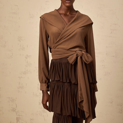 Giovanna Brown Chiffon Wrap Top V-Neck Long Sleeve Cropped Sheer Self-Tie Coffee