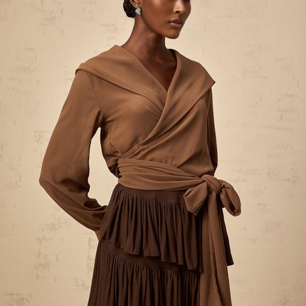 Giovanna Brown Chiffon Wrap Top V-Neck Long Sleeve Self-Tie Cropped