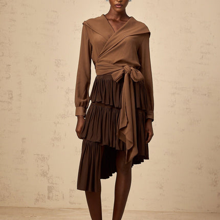 Giovanna Brown Chiffon Wrap Top V-Neck Long Sleeve