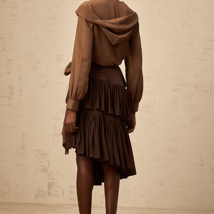 Giovanna Brown Chiffon Wrap Top V-Neck Long Sleeve Cropped Sheer Self-Tie