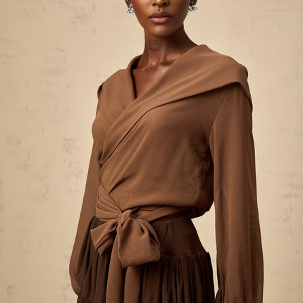 Giovanna Brown Chiffon Wrap Top V-Neck Long Sleeve Self-Tie Cropped
