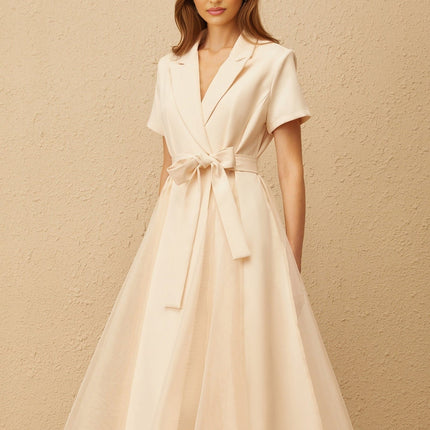 Giovanna Neutrals Midi Dress Peak Lapels A-Line Skirt Tulle Paneling Wrap Design