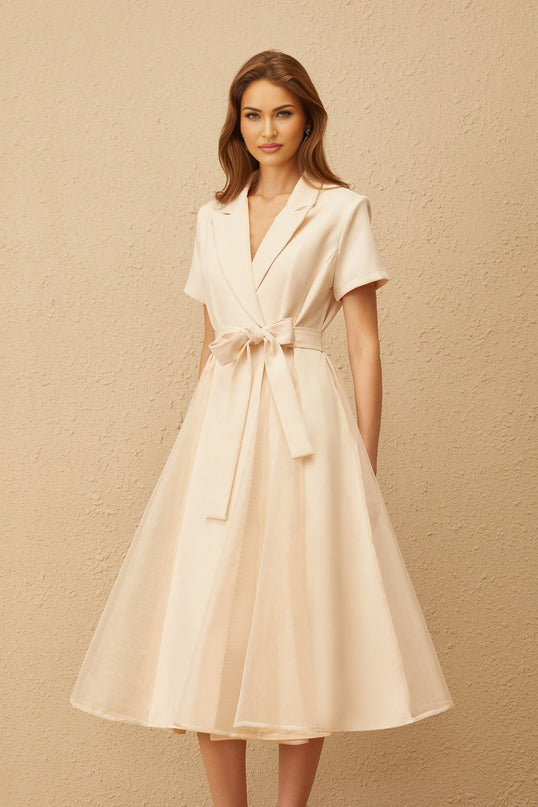 Giovanna Neutrals Midi Dress Peak Lapels A-Line Skirt Tulle Paneling Wrap Design