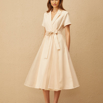 Giovanna Neutrals Midi Dress V-neck peak lapels short sleeves tied waist A-line skirt pleated tulle paneling midi length wrap design 100% Terylene fiber