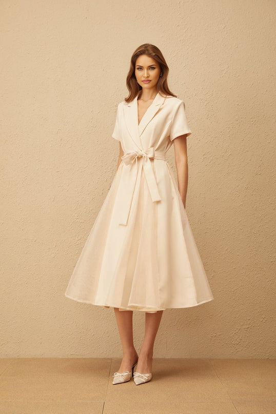 Giovanna Neutrals Midi Dress V-neck peak lapels short sleeves tied waist A-line skirt pleated tulle paneling midi length wrap design 100% Terylene fiber