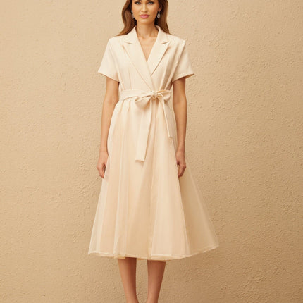 Giovanna Neutrals Midi Dress V-neck Peak Lapels Short Sleeves Tied Waist A-line Skirt Pleated Detailing Tulle Paneling Midi Length Wrap Design 100% Terylene Fiber