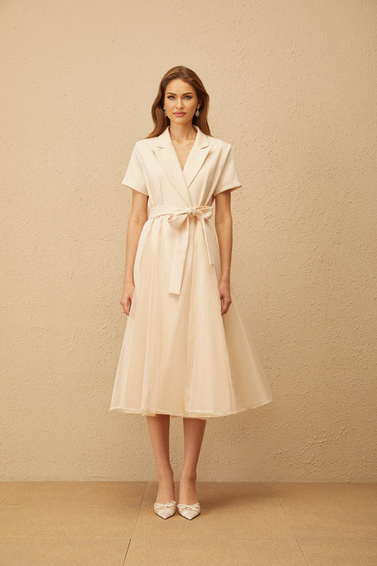 Giovanna Neutrals Midi Dress V-neck Peak Lapels Short Sleeves Tied Waist A-line Skirt Pleated Detailing Tulle Paneling Midi Length Wrap Design 100% Terylene Fiber