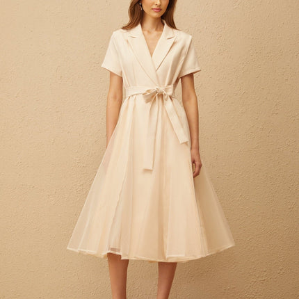 Giovanna Neutrals Midi Dress V-neck Peak Lapels Short Sleeves Tied Waist A-line Skirt Pleated Detailing Tulle Paneling Midi Length Wrap Design 100% Terylene Fiber