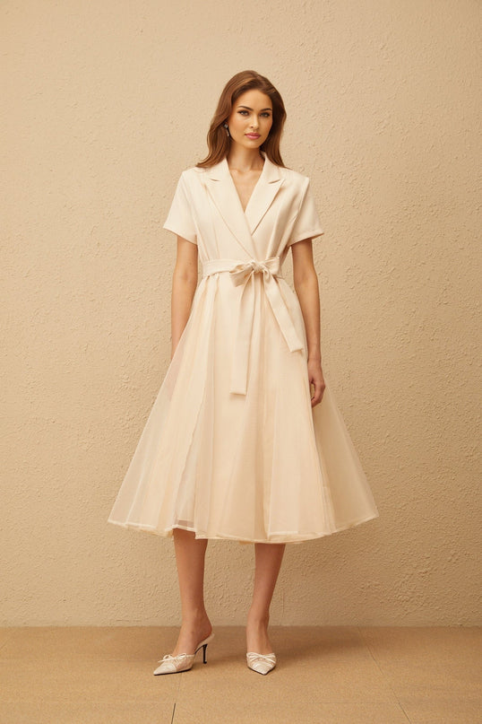 Giovanna Neutrals Midi Dress V-neck Peak Lapels Short Sleeves Tied Waist A-line Skirt Pleated Detailing Tulle Paneling Midi Length Wrap Design 100% Terylene Fiber