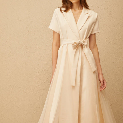 Giovanna Neutrals Midi Dress V-neck Peak Lapels Short Sleeves A-line Skirt Pleated Detailing Tulle Paneling Wrap Design 100% Terylene Fiber