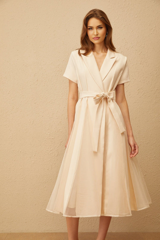 Giovanna Neutrals Midi Dress V-neck Peak Lapels Short Sleeves A-line Skirt Pleated Detailing Tulle Paneling Wrap Design 100% Terylene Fiber