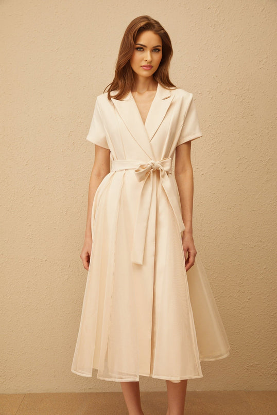 Giovanna Neutrals Midi Dress V-neck peak lapels short sleeves tied waist A-line skirt pleated detailing tulle paneling midi length wrap design 100% Terylene fiber