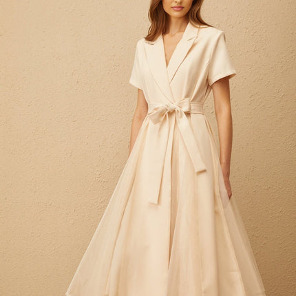 Giovanna Neutrals Midi Dress V-neck peak lapels short sleeves tied waist A-line skirt pleated tulle paneling midi length wrap design 100% Terylene fiber