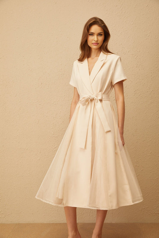 Giovanna Neutrals Midi Dress V-neck peak lapels short sleeves tied waist A-line skirt pleated tulle paneling midi length wrap design 100% Terylene fiber