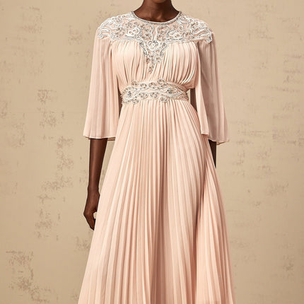 Giovanna Pink Crystal Embellished Mesh Panel Midi Dress
