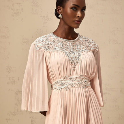 Giovanna Pink Crystal Embellished Mesh Panel Midi Dress