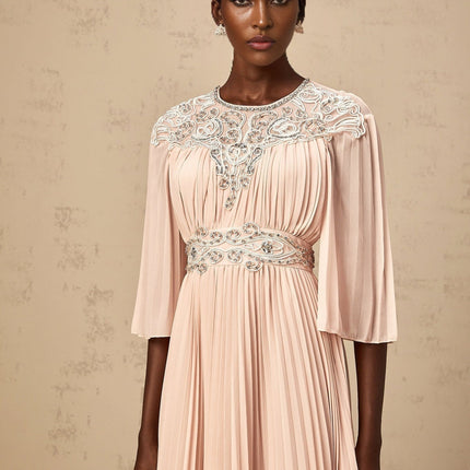 Giovanna Pink Crystal Embellished Mesh Panel Midi Dress
