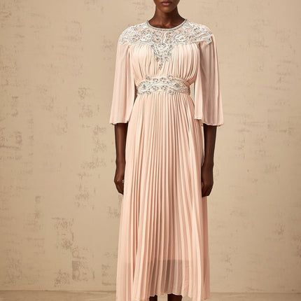 Giovanna Pink Crystal Embellished Mesh Panel Midi Dress