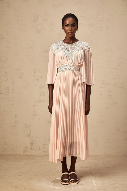 Giovanna Pink Crystal Embellished Mesh Panel Midi Dress