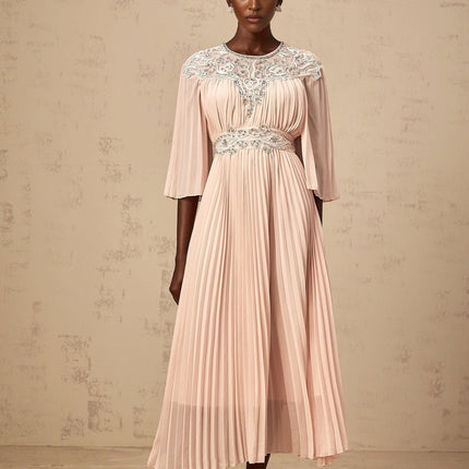 Giovanna Pink Crystal Embellished Mesh Panel Midi Dress