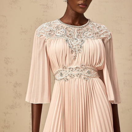 Giovanna Pink Crystal Embellished Pleated Midi Dress