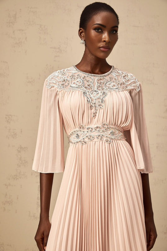 Giovanna Pink Crystal Embellished Pleated Midi Dress