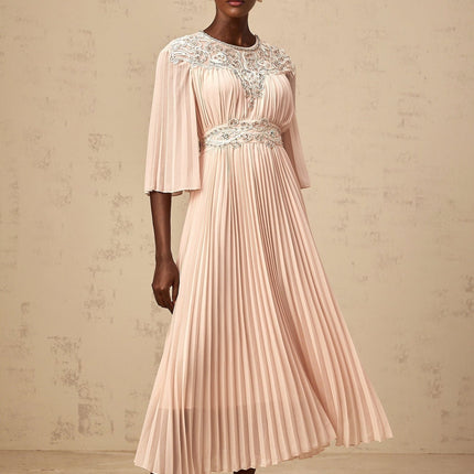 Giovanna Pink Mesh Panel Crystal Embellished Midi Dress