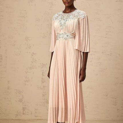 Giovanna Pink Mesh Panel Crystal Embellished Pleated Midi Dress