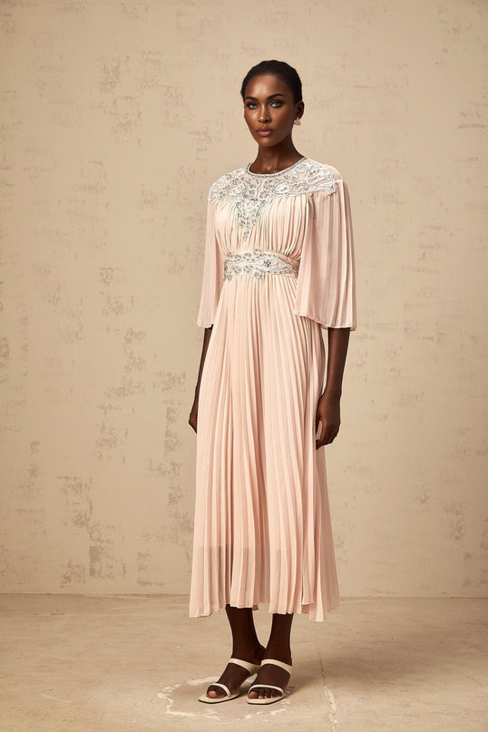 Giovanna Pink Mesh Panel Crystal Embellished Pleated Midi Dress