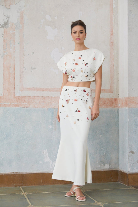 Giovanna White Embellished Skirt Top Set Terylene Fiber Mermaid Hem Maxi Length