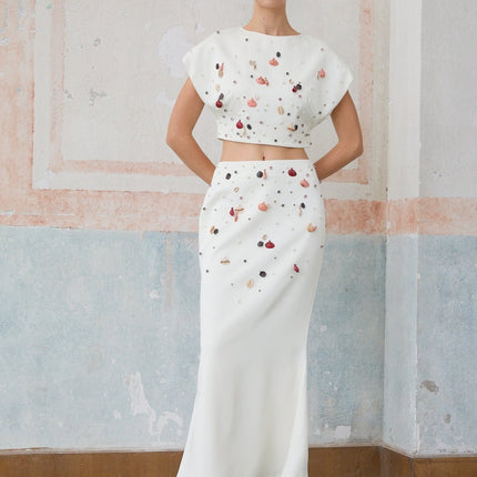 Giovanna White Embellished Skirt Top Set Terylene Fiber Mermaid Hem Maxi Length