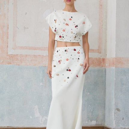 Giovanna White Embellished Skirt Top Set Terylene Fiber Mermaid Hem Maxi Length