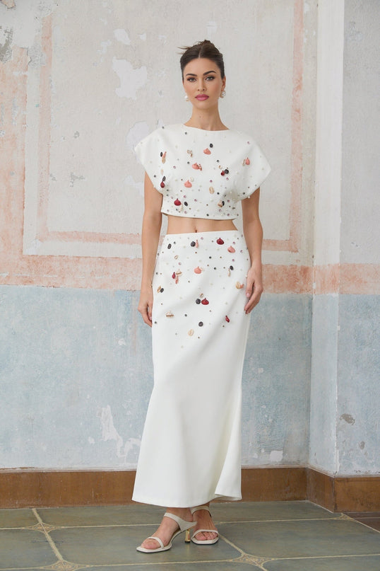 Giovanna White Embellished Skirt Top Set Terylene Fiber Mermaid Hem Maxi Length