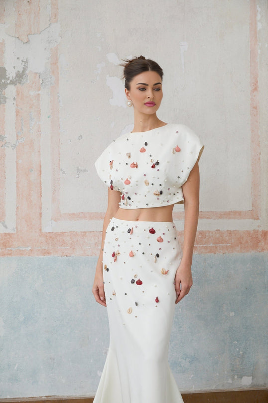 Giovanna White Embellished Skirt Top Set