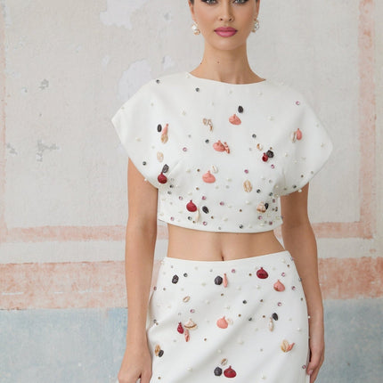 Giovanna White Skirt Top Set Terylene Embellishments Shells Crystals Faux Pearls Mermaid Hem Maxi Length