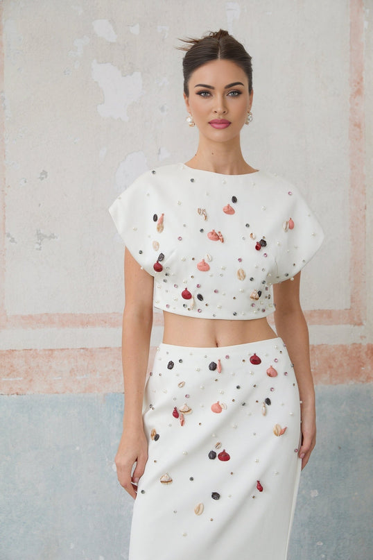 Giovanna White Skirt Top Set Terylene Embellishments Shells Crystals Faux Pearls Mermaid Hem Maxi Length