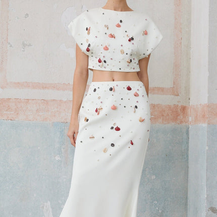 Giovanna White Skirt and Top Set Terylene Fiber Embellished with Shells Crystals and Faux-Pearls